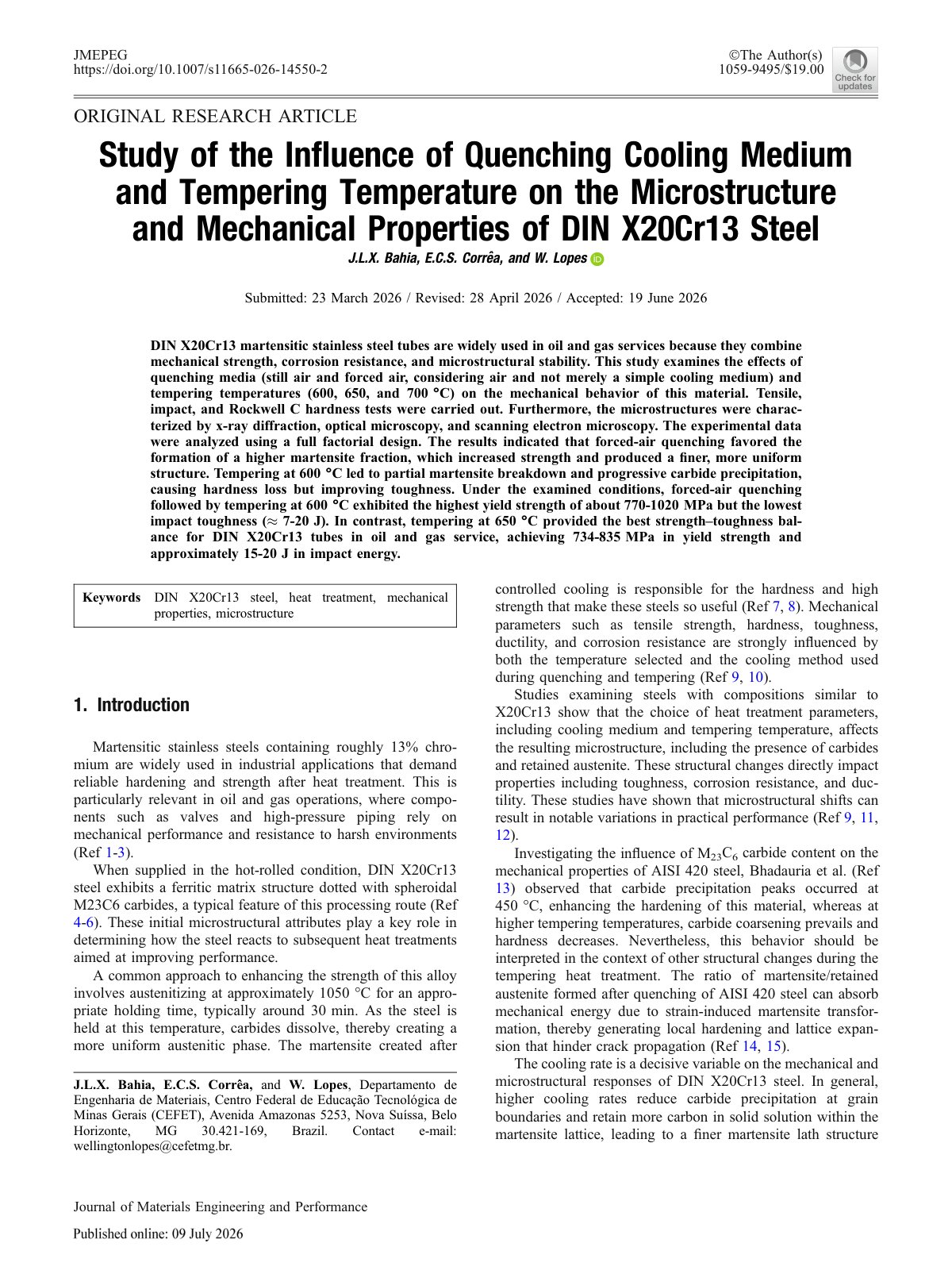 First page of 2026 Bahia X20Cr13 Quenching Tempering