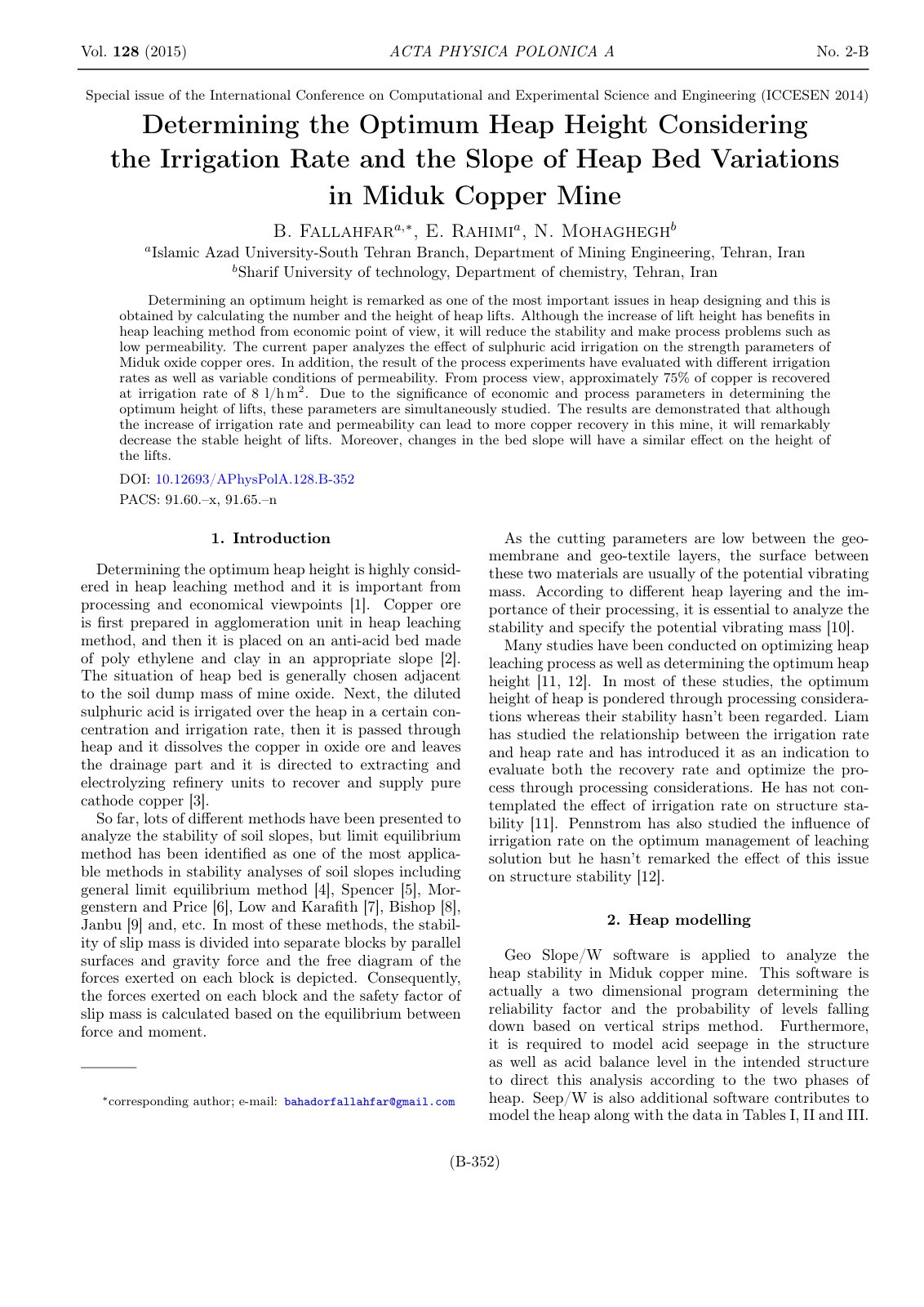 First page of Determining the Optimum Heap Height Considering the Irrigation Rate and the Slope of Heap Bed Variations in Miduk Copper Mine