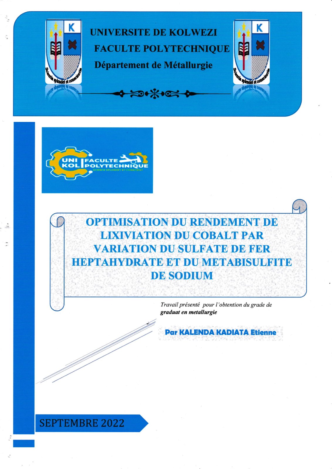 First page of Optimisation du rendement de lixiviation du cobalt par variation du sulfate de fer heptahydrate et du metabisulfite de sodium