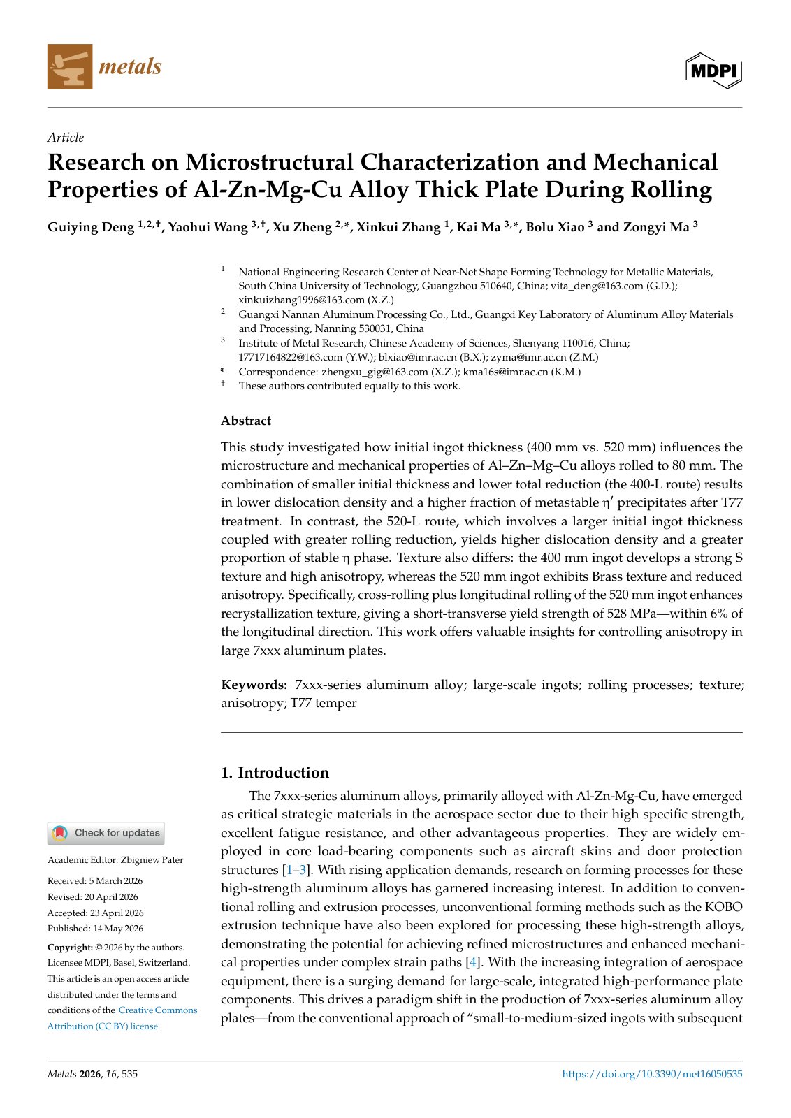 First page of 2026 AlZnMgCu Thick Plate Rolling Microstructure