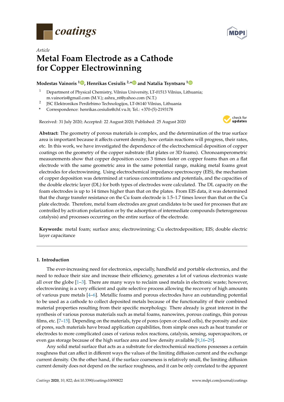 First page of Metal Foam Electrode as a Cathode for Copper Electrowinning