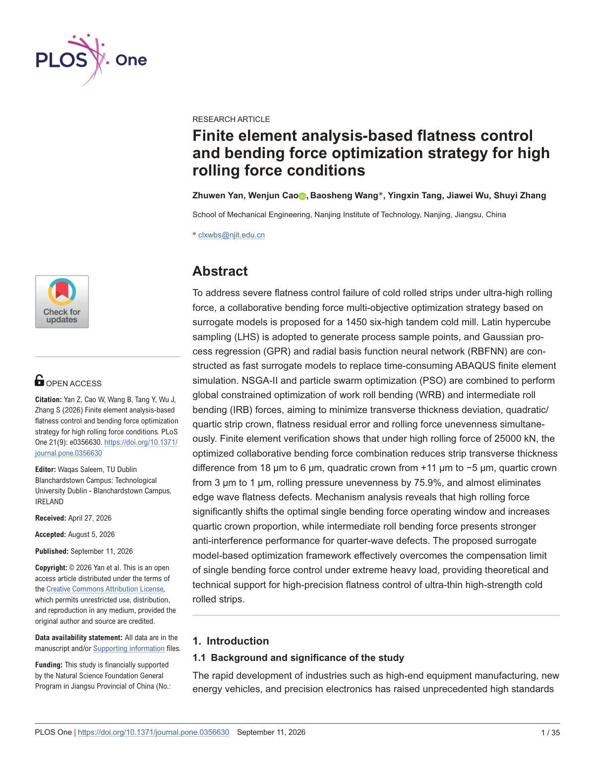 First page of Finite element analysis-based flatness control and bending force optimization strategy for high rolling force conditions