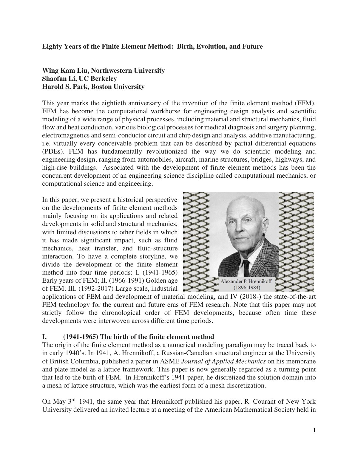 First page of Eighty Years of the Finite Element Method:  Birth, Evolution, and Future