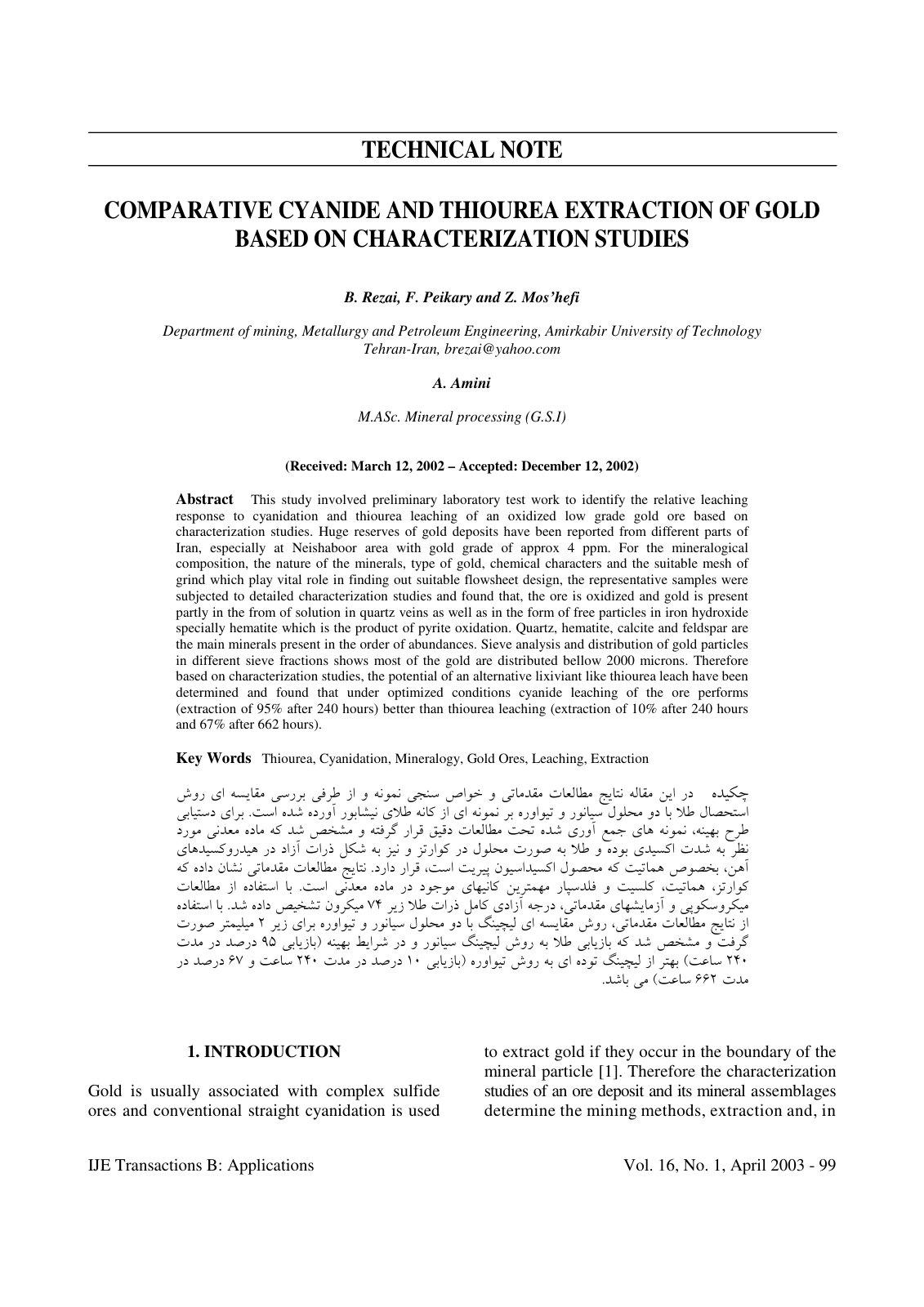First page of Comparative Cyanide and Thiourea Extract