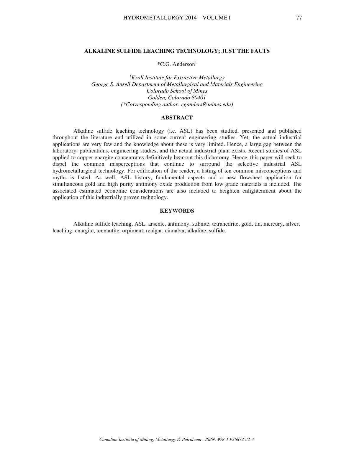 First page of ALKALINE SULFIDE LEACHING TECHNOLOGY; JUST THE FACTS