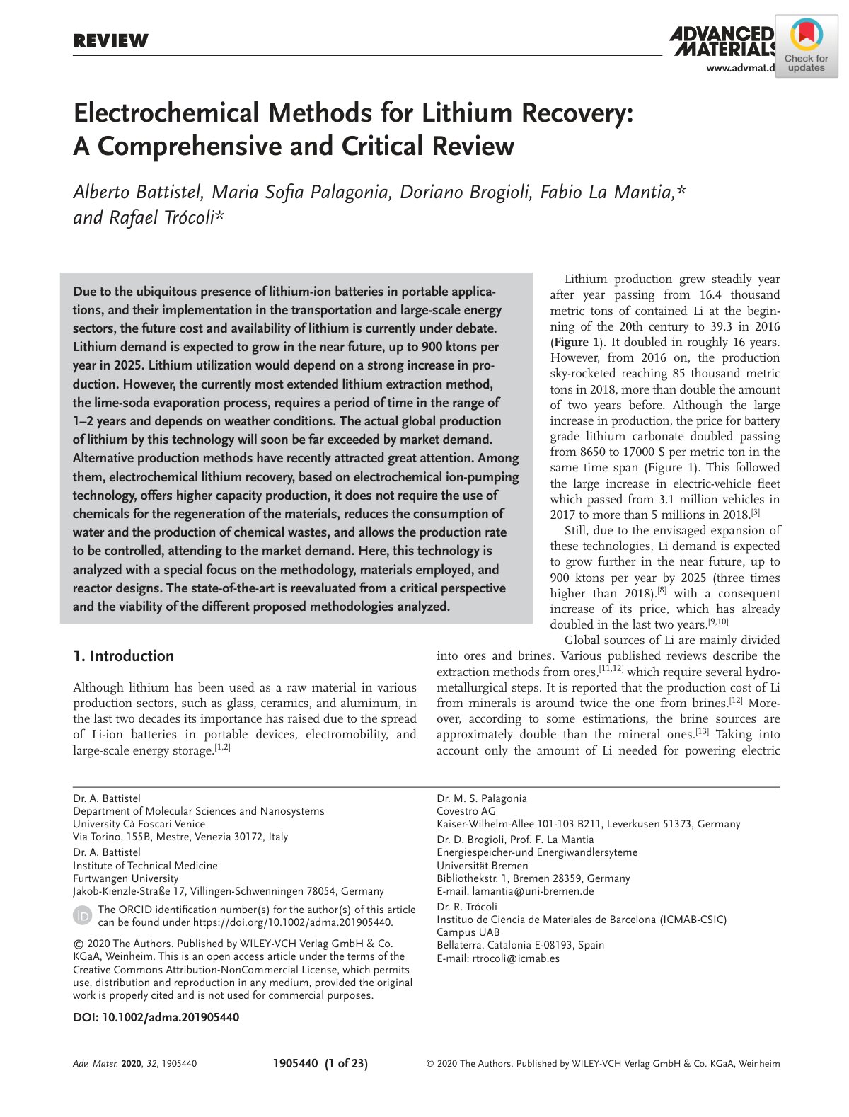 First page of Electrochemical Methods for Lithium Reco
