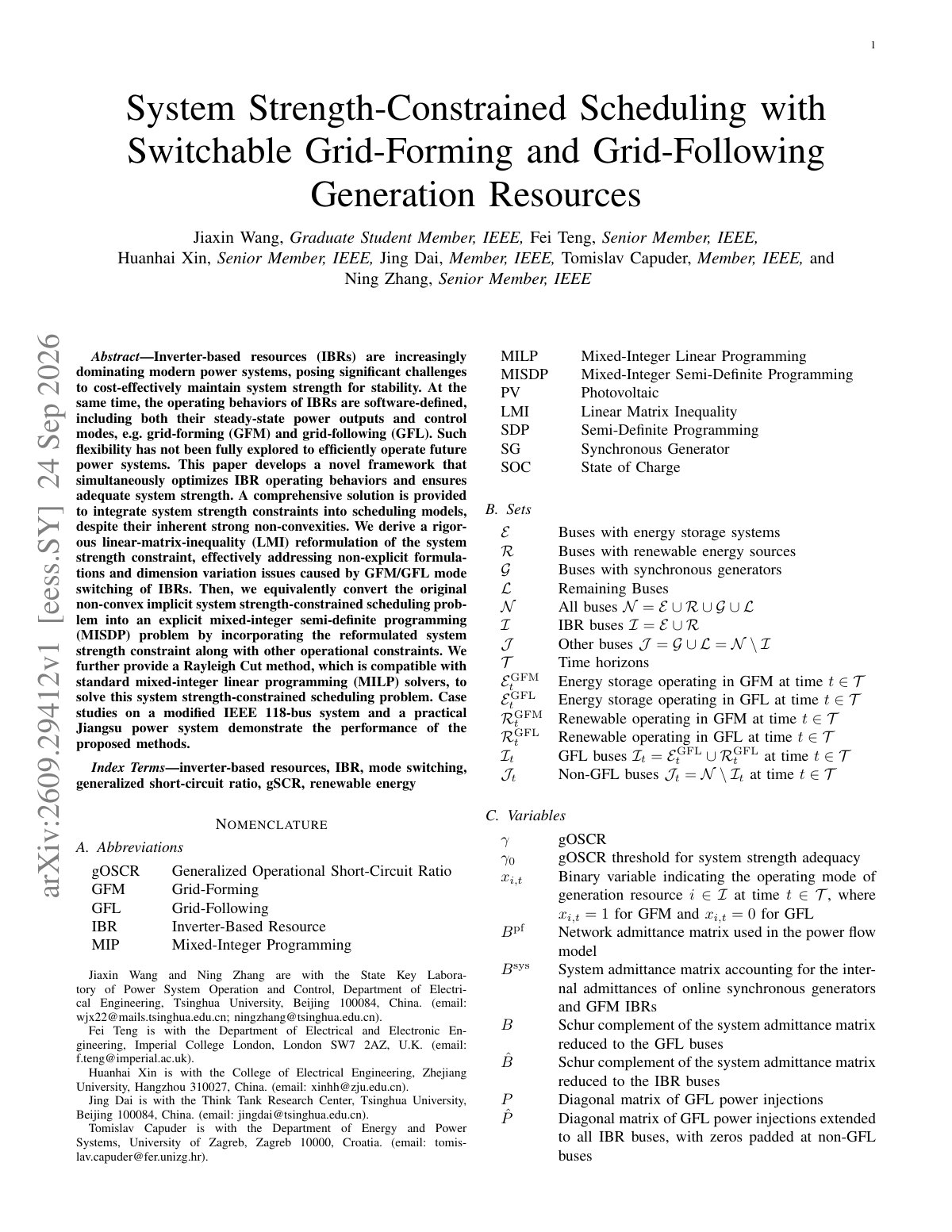 First page of System Strength-Constrained Scheduling with Switchable Grid-Forming and Grid-Following Generation Resources