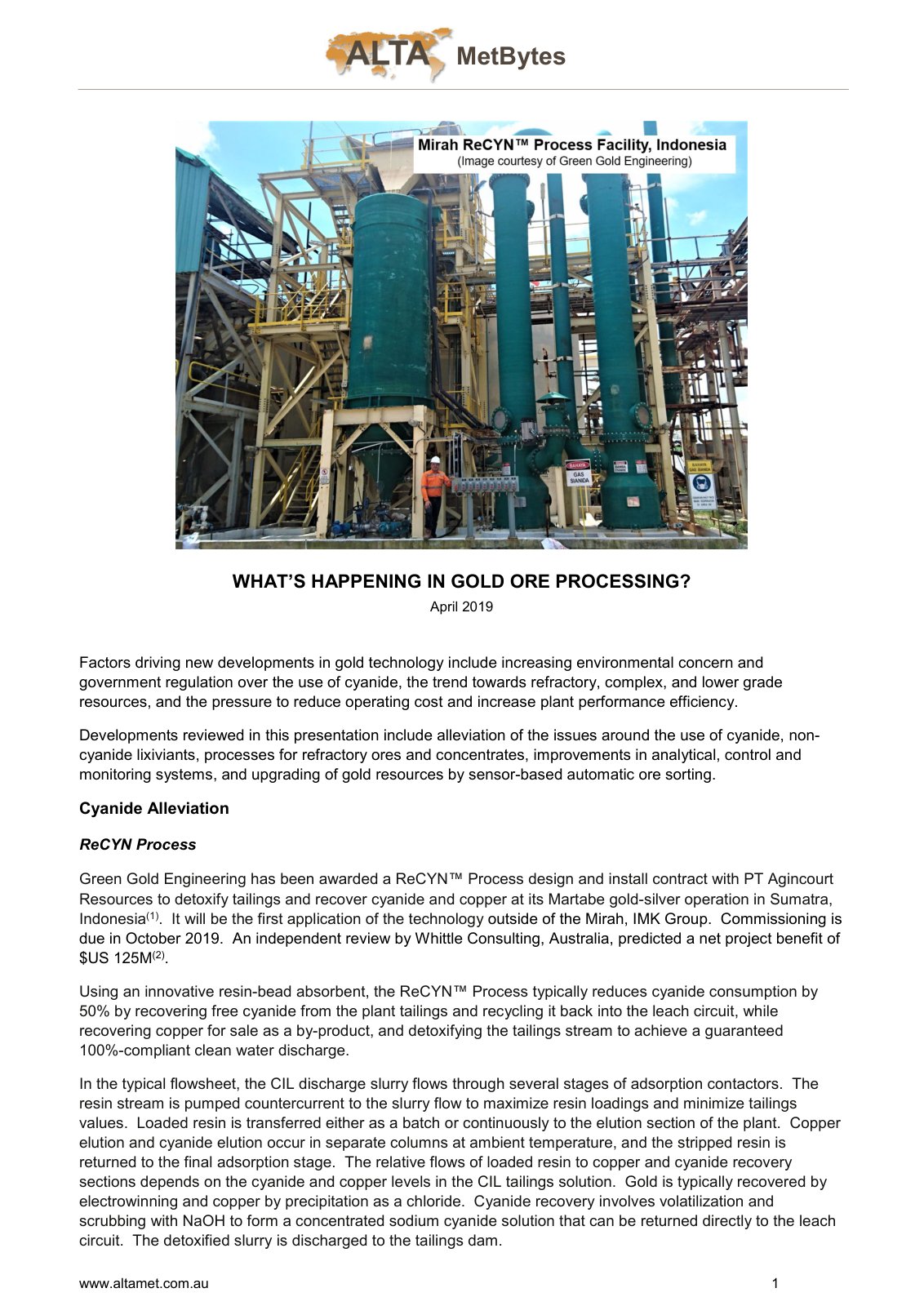 First page of ALTA MetBytes Whats Happening in Gold Ore Processing