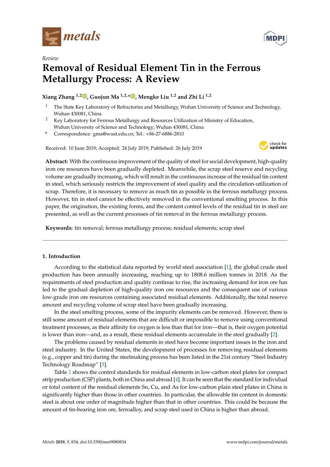 First page of Removal of Residual Element Tin in the Ferrous Metallurgy Process: A Review