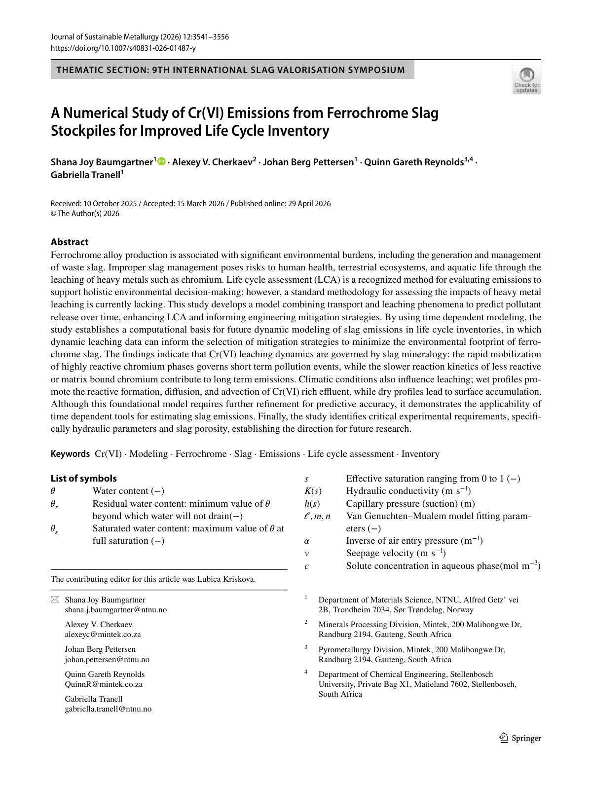 First page of 2026 Baumgartner CrVI Emissions Ferrochrome Slag Stockpiles