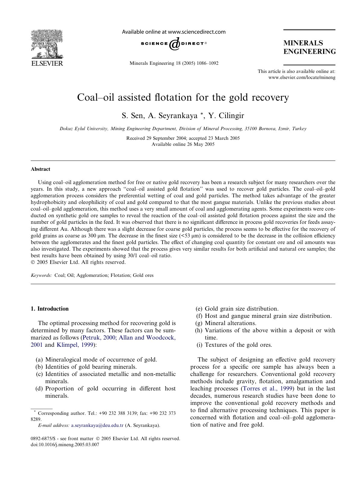 First page of Coal oil assisted flotation for the gold