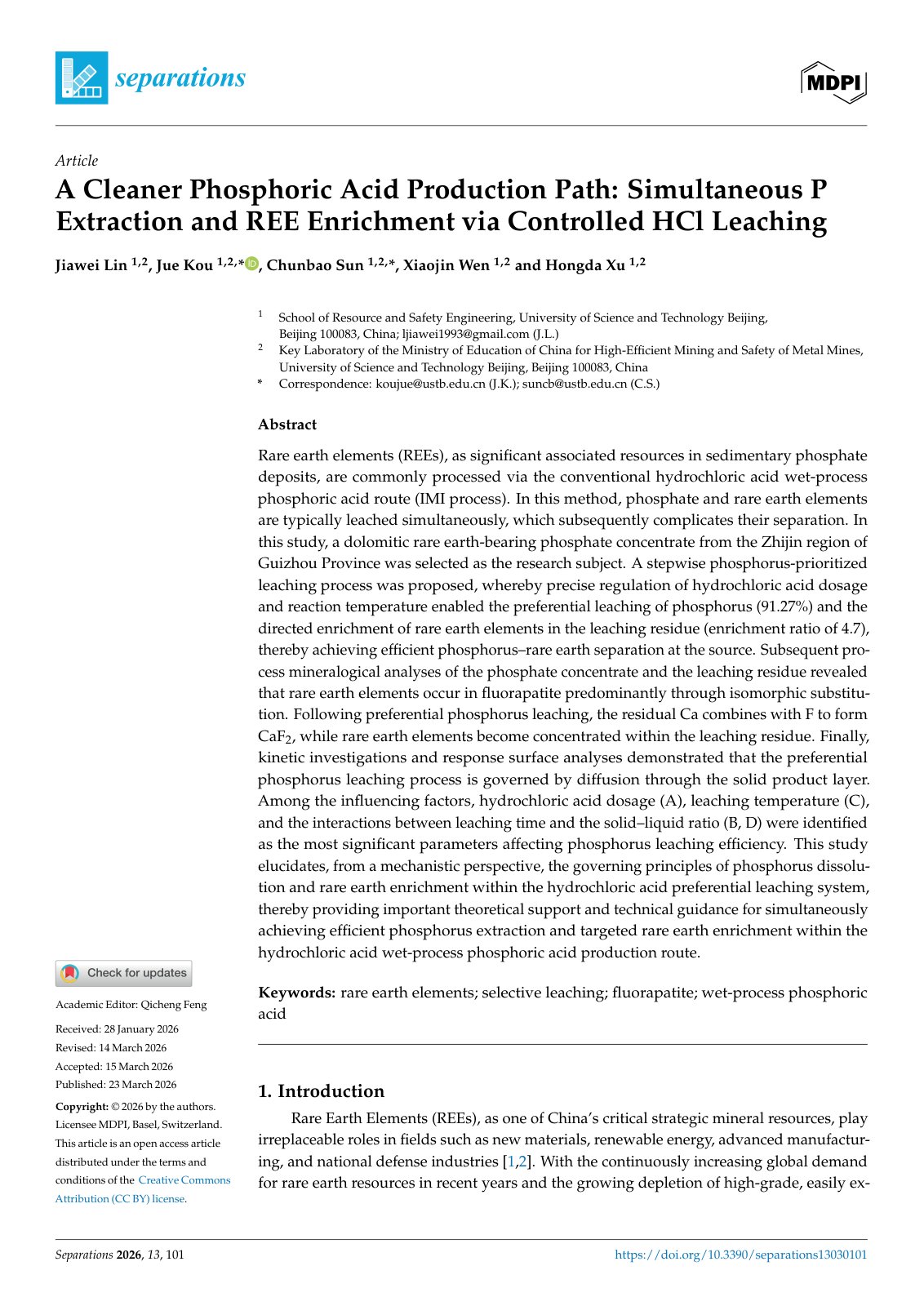First page of 2026   Lin   Controlled HCl Leaching for Phosphorus and REE Recovery