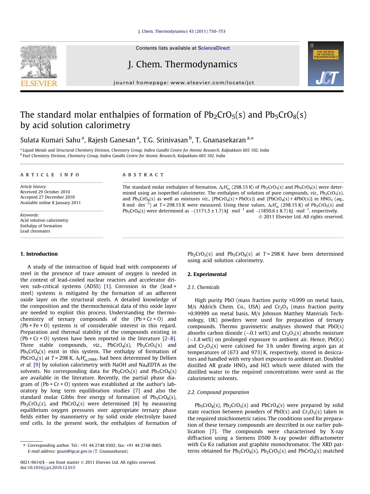 First page of The standard molar enthalpies of formation of Pb2CrO5(s) and Pb5CrO8(s) by acid solution calorimetry