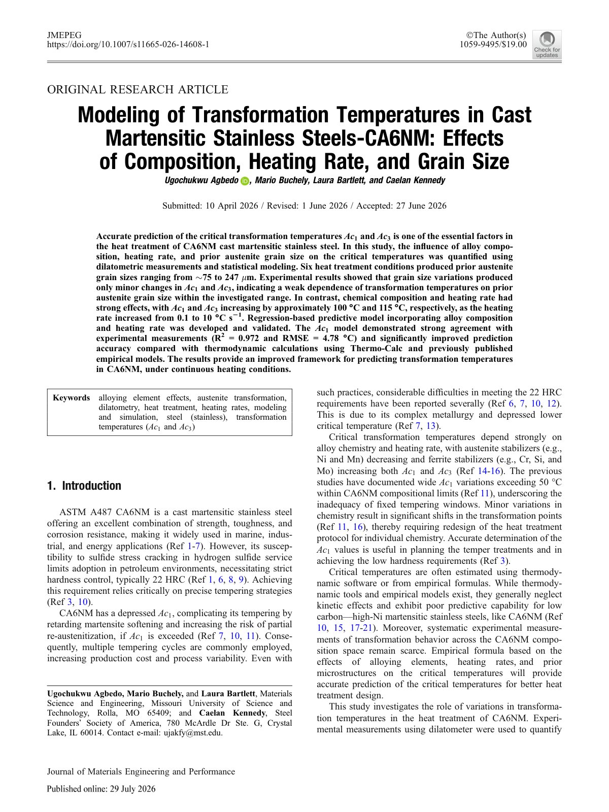 First page of 2026 Agbedo CA6NM Transformation Temperatures