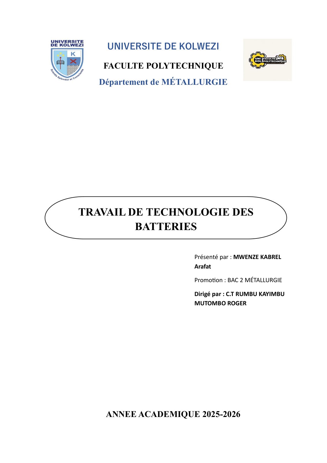 First page of MWENZE KABREL ARAFAT BAC 2 MET TECHNO BATT 2