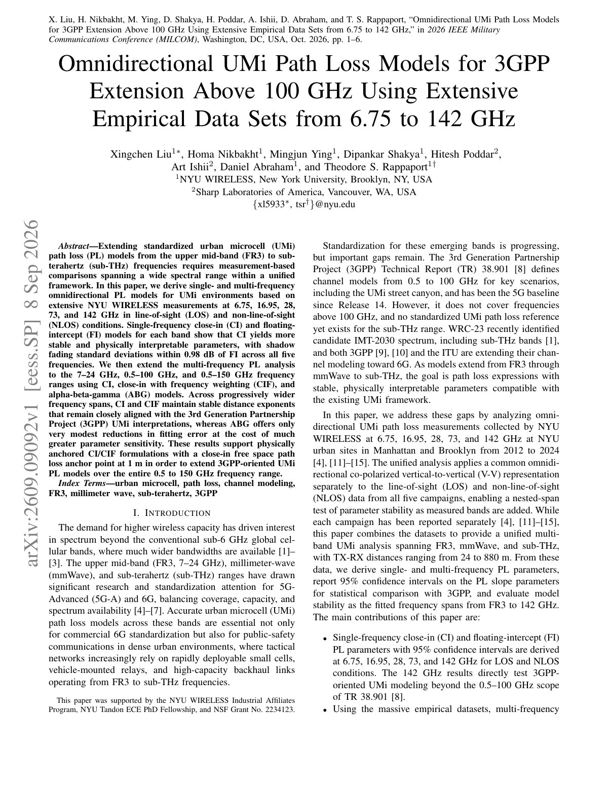 First page of 2026 Liu UMi Path Loss 6.75 142GHz