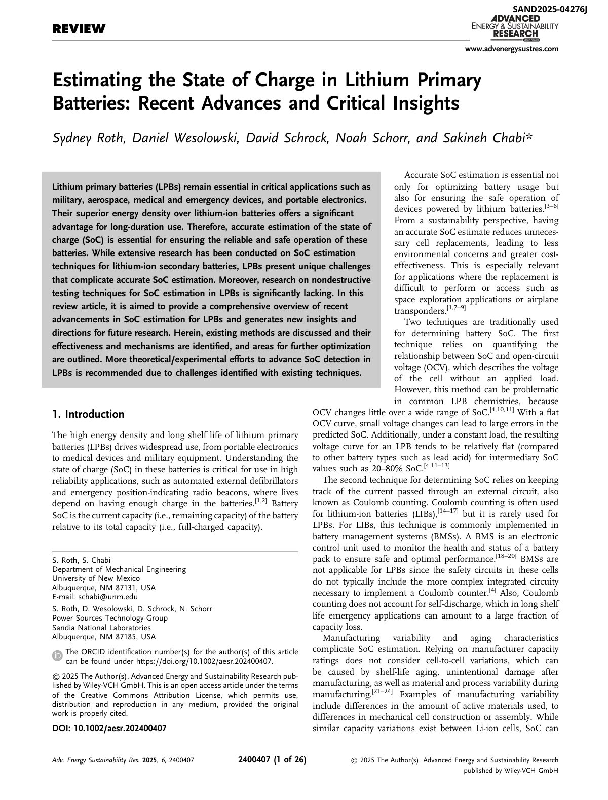 First page of Estimating the State of Charge in Lithium Primary Batteries: Recent Advances and Critical Insights