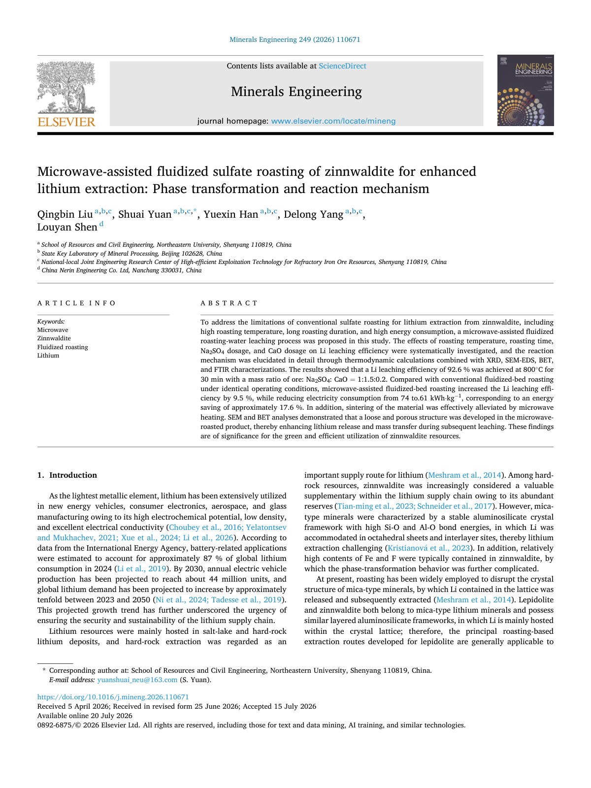 First page of Microwave-assisted fluidized sulfate roasting of zinnwaldite for enhanced lithium extraction: Phase transformation and reaction mechanism