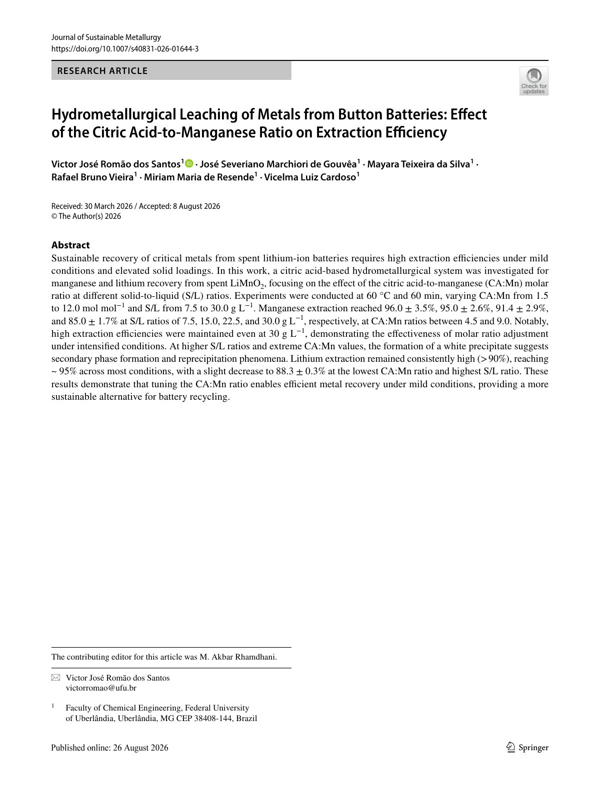 First page of Hydrometallurgical Leaching of Metals from Button Batteries: Effect of the Citric Acid‑to‑Manganese Ratio on Extraction Efficiency