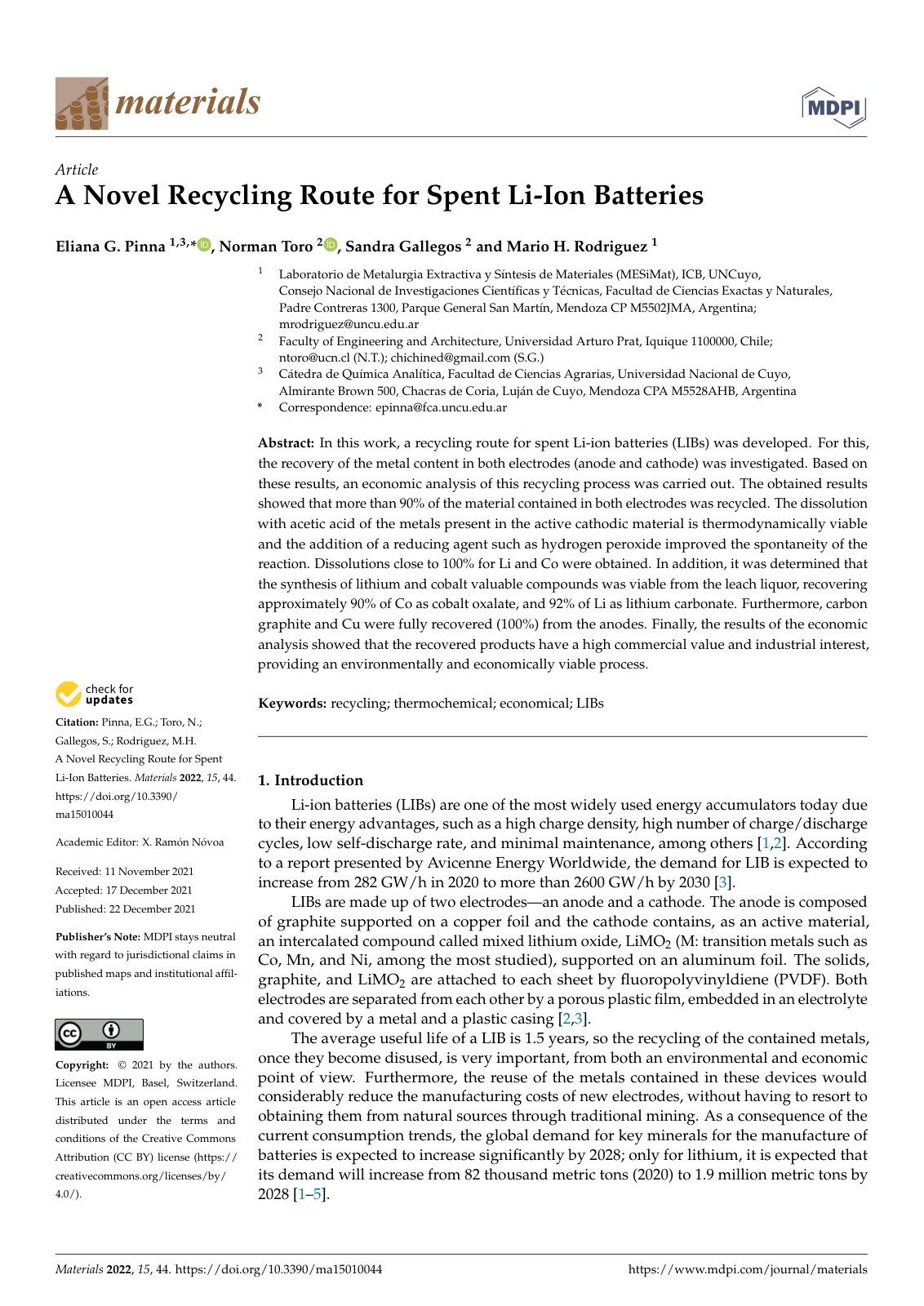 First page of A Novel Recycling Route for Spent Li Ion
