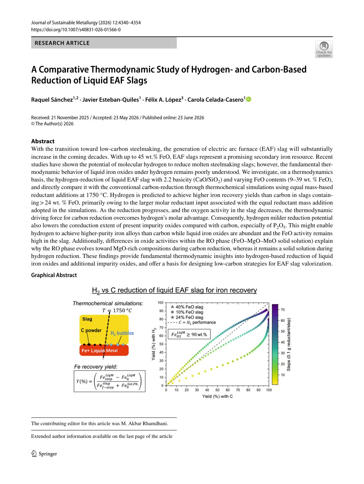 First page of A Comparative Thermodynamic Study of Hydrogen‑ and Carbon‑Based Reduction of Liquid EAF Slags