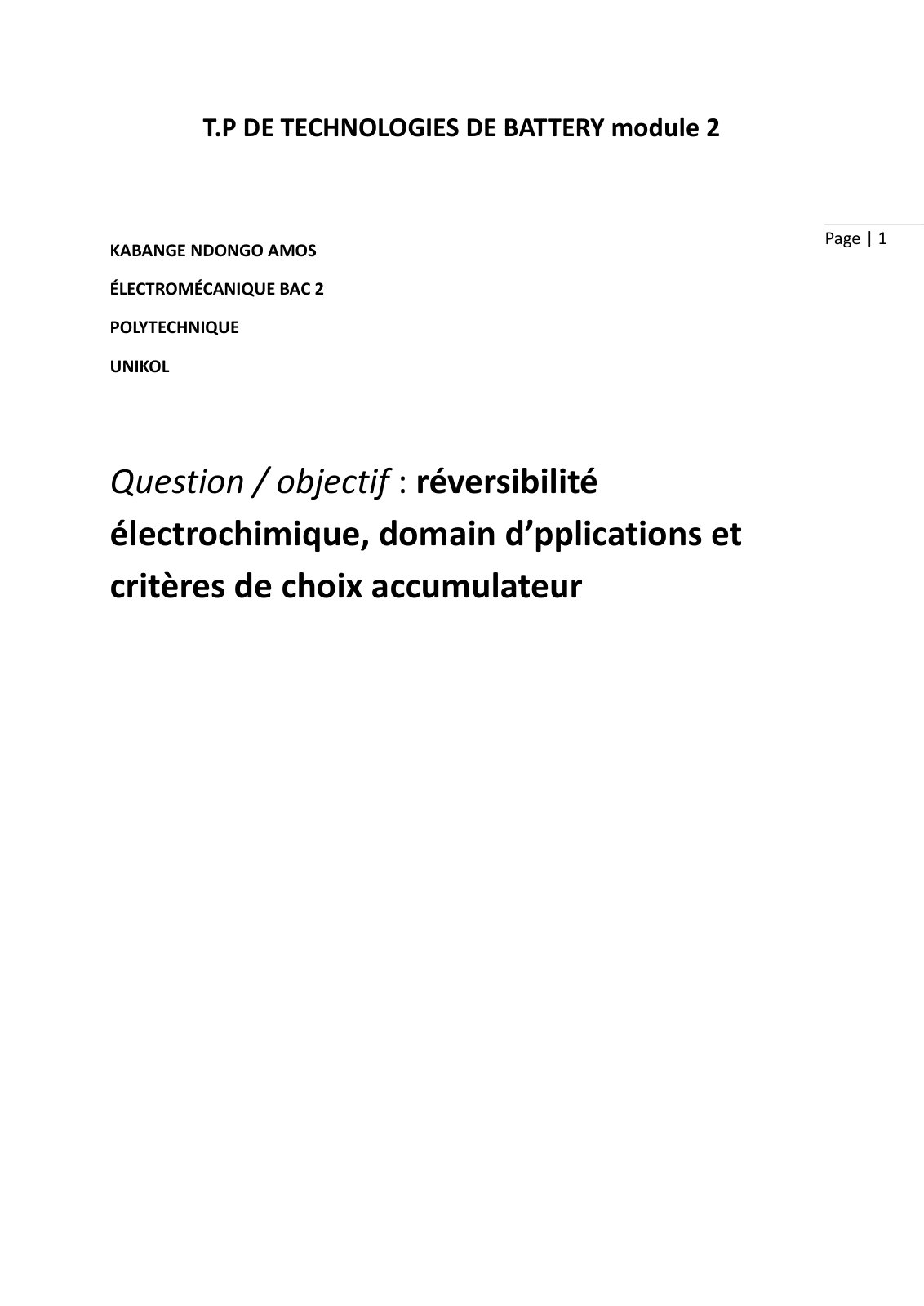 First page of tp de technologie de batterie KABANGE NDONGO AMOS