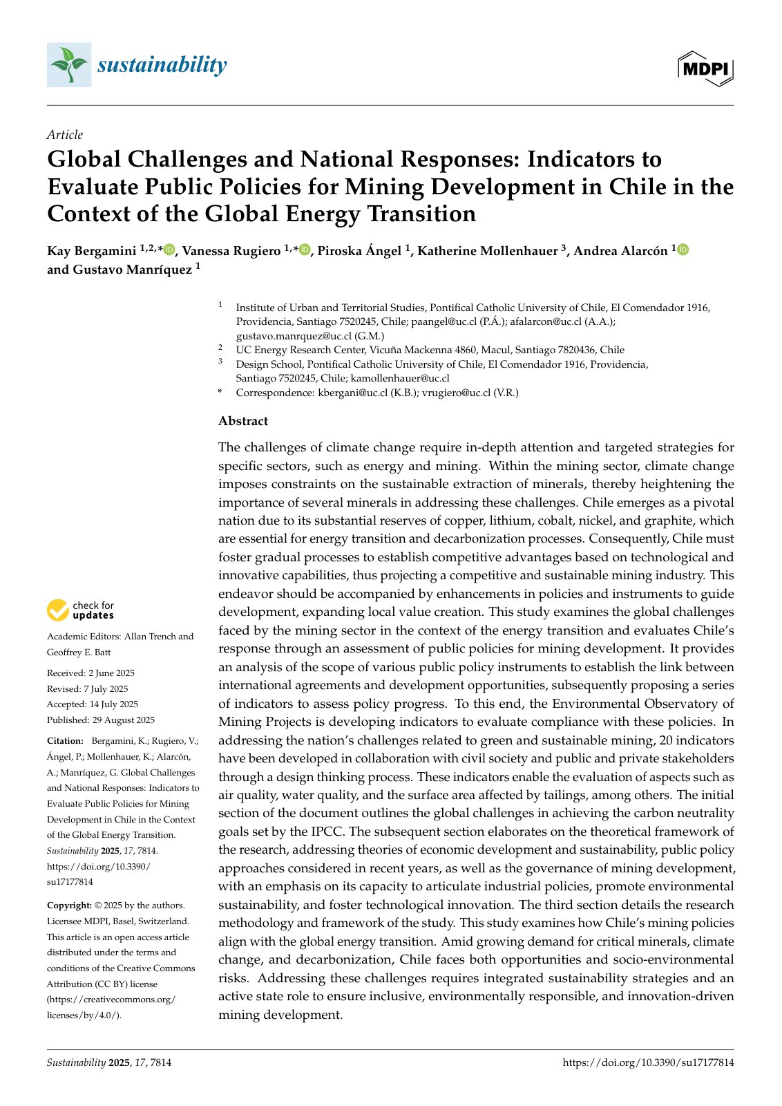 First page of Global Challenges and National Responses: Indicators to Evaluate Public Policies for Mining Development in Chile in the Context of the Global Energy Transition
