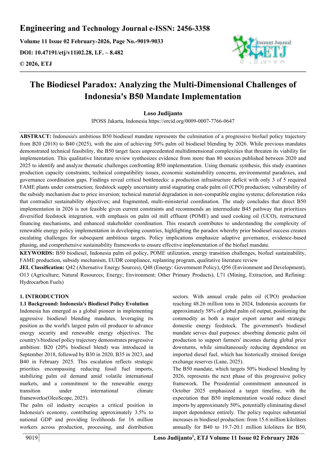 First page of The Biodiesel Paradox: Analyzing the Multi-Dimensional Challenges of  Indonesia's B50 Mandate Implementation  