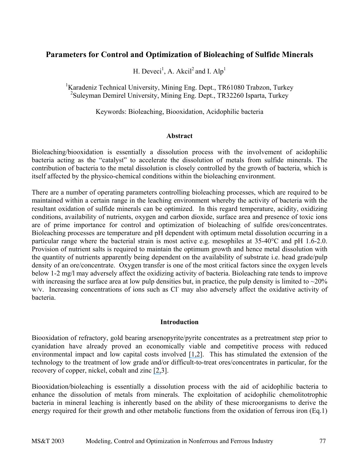 First page of Parameters for Control and Optimization of Bioleaching of Sulfide Minerals