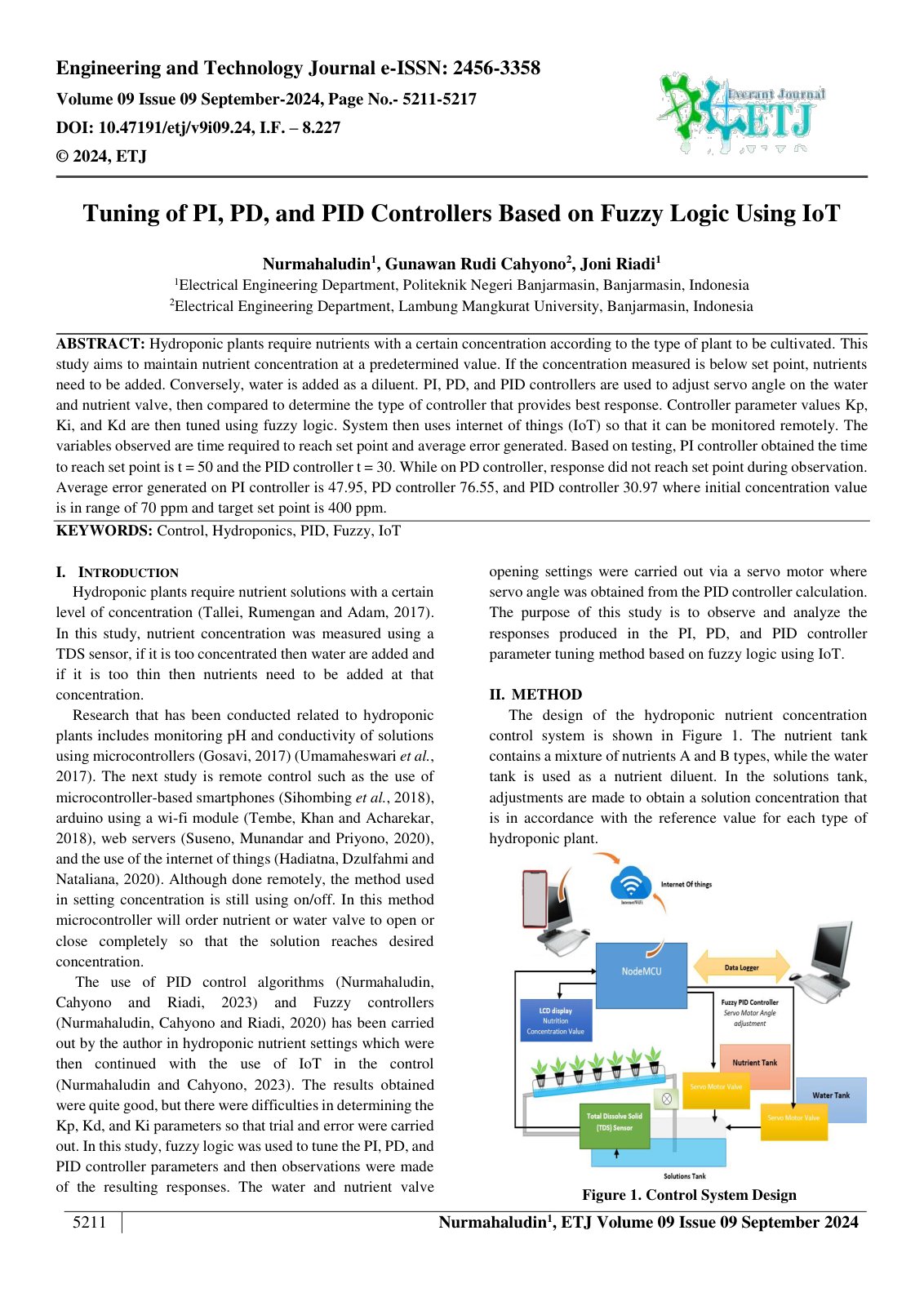 First page of Tuning of PI, PD, and PID Controllers Based on Fuzzy Logic Using IoT 
