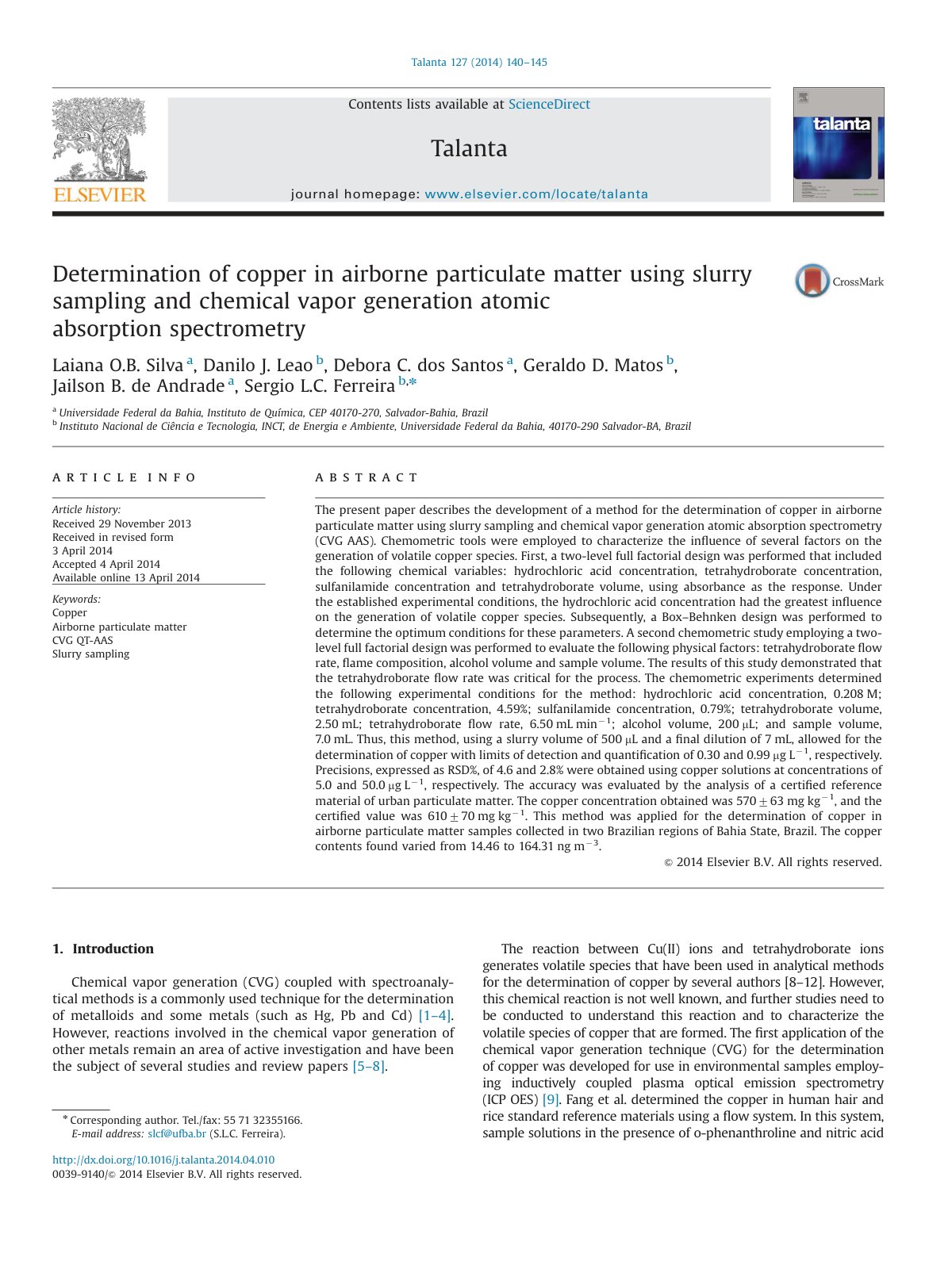 First page of Determination of copper in airborne particulate matter using slurry sampling and chemical vapor generation atomic absorption spectrometry