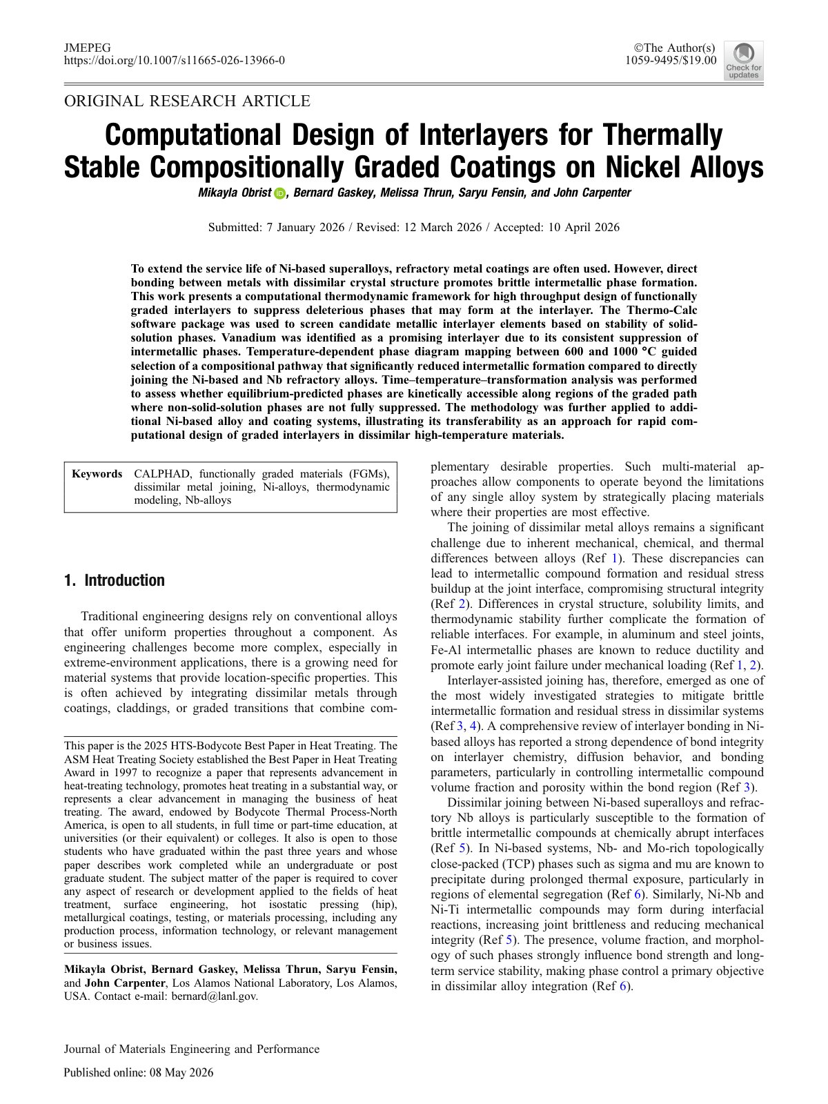 First page of 2026 Obrist Thermally Stable Graded Coatings