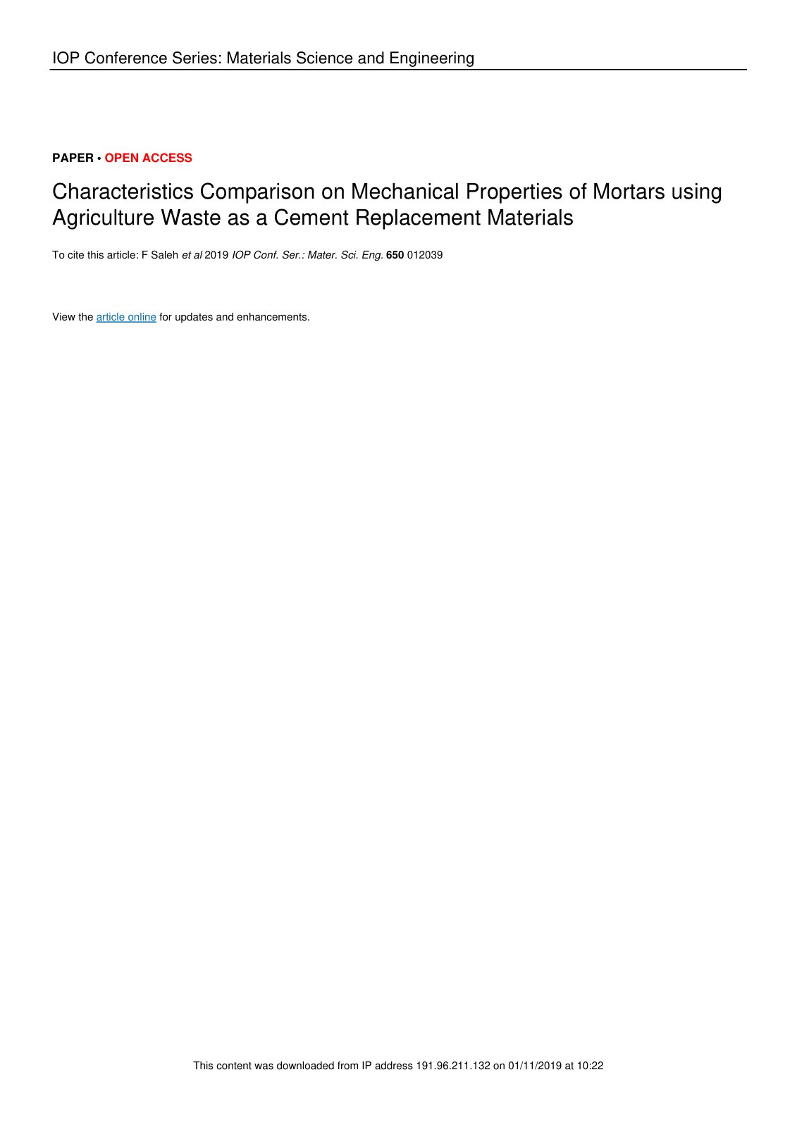 First page of Characteristics Comparison on Mechanical Properties of Mortars using Agriculture Waste as a Cement Replacement Materials