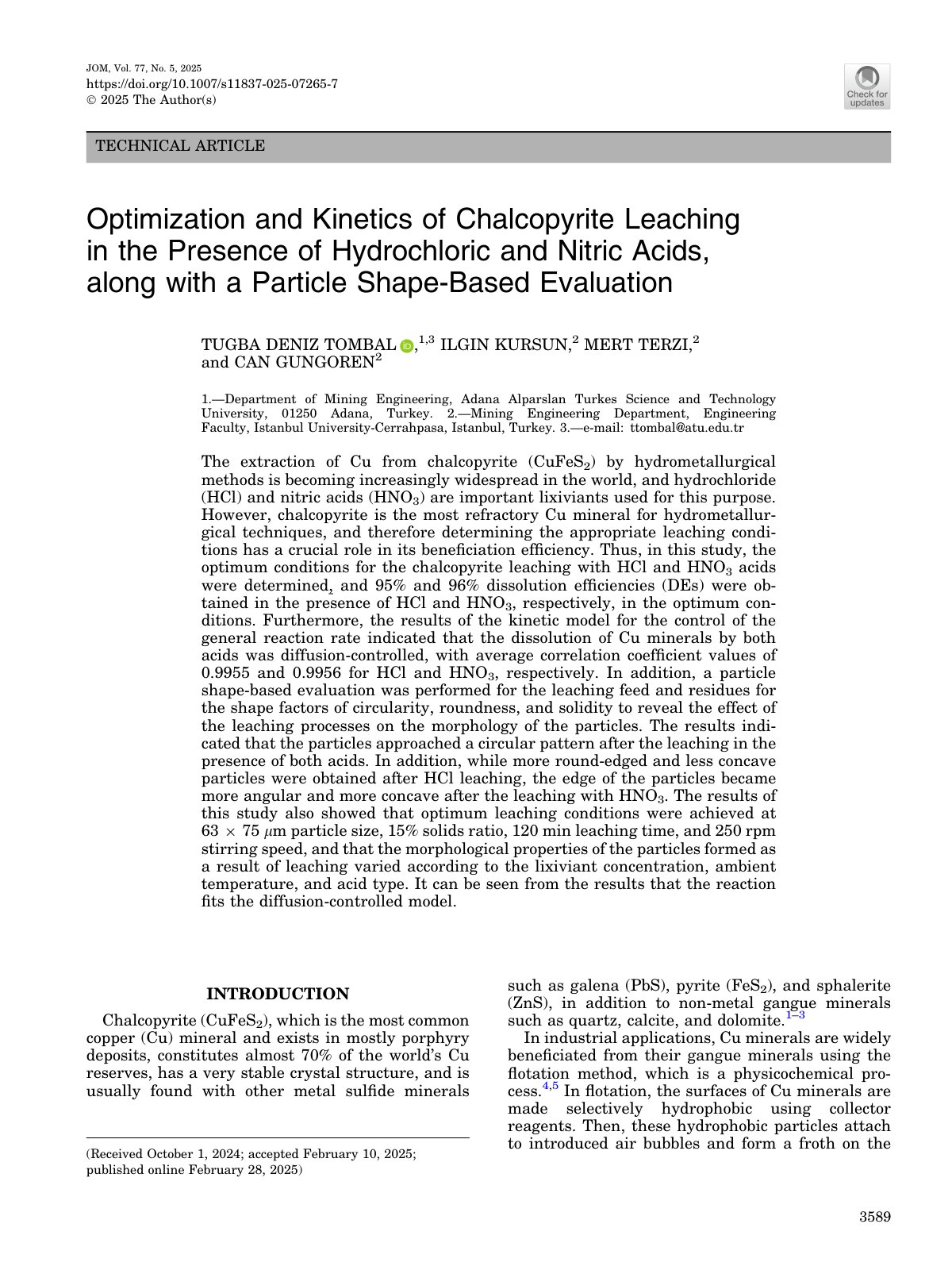 First page of 2025   Tombal   Chalcopyrite Leaching Kinetics in HCl and HNO3