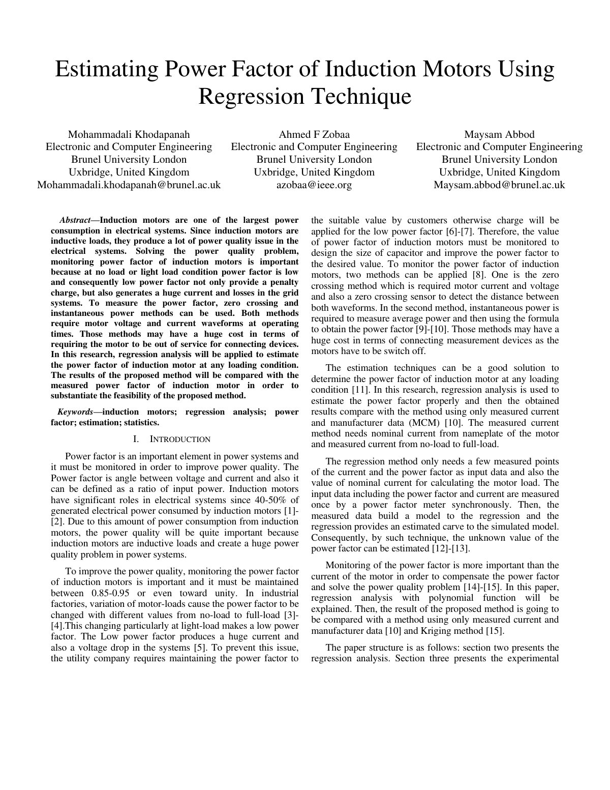 First page of Estimating Power Factor of Induction Motors Using Regression Technique