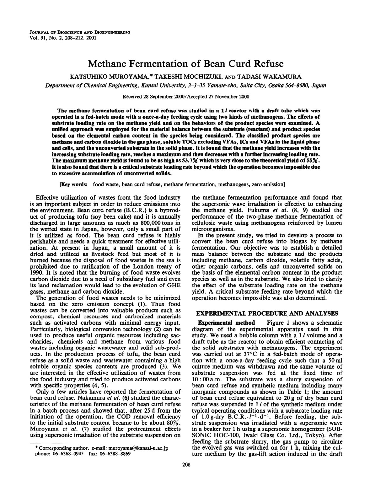 First page of Methane Fermentation of Bean Curd Refuse