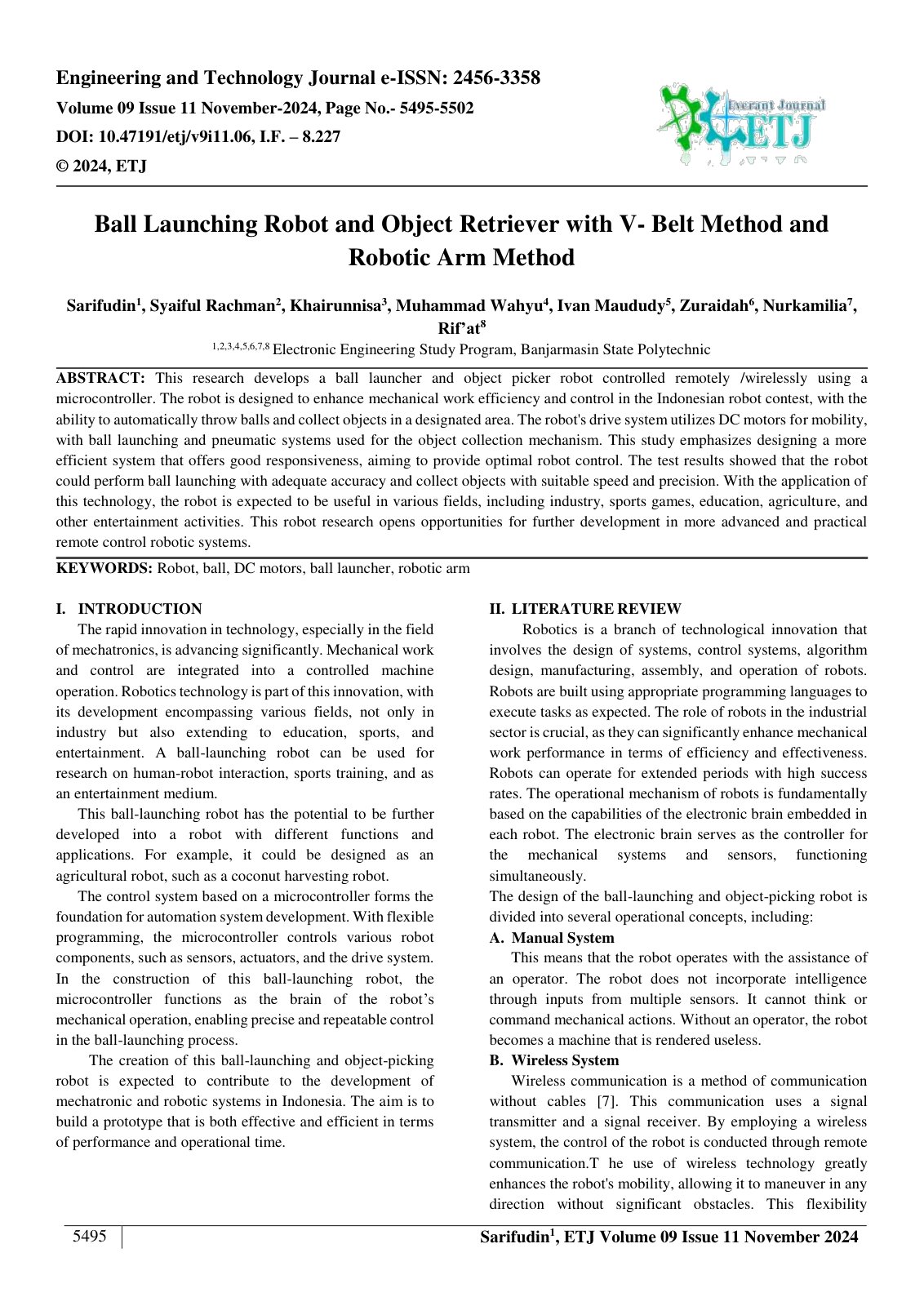 First page of Ball Launching Robot and Object Retriever with V  Belt Method and 