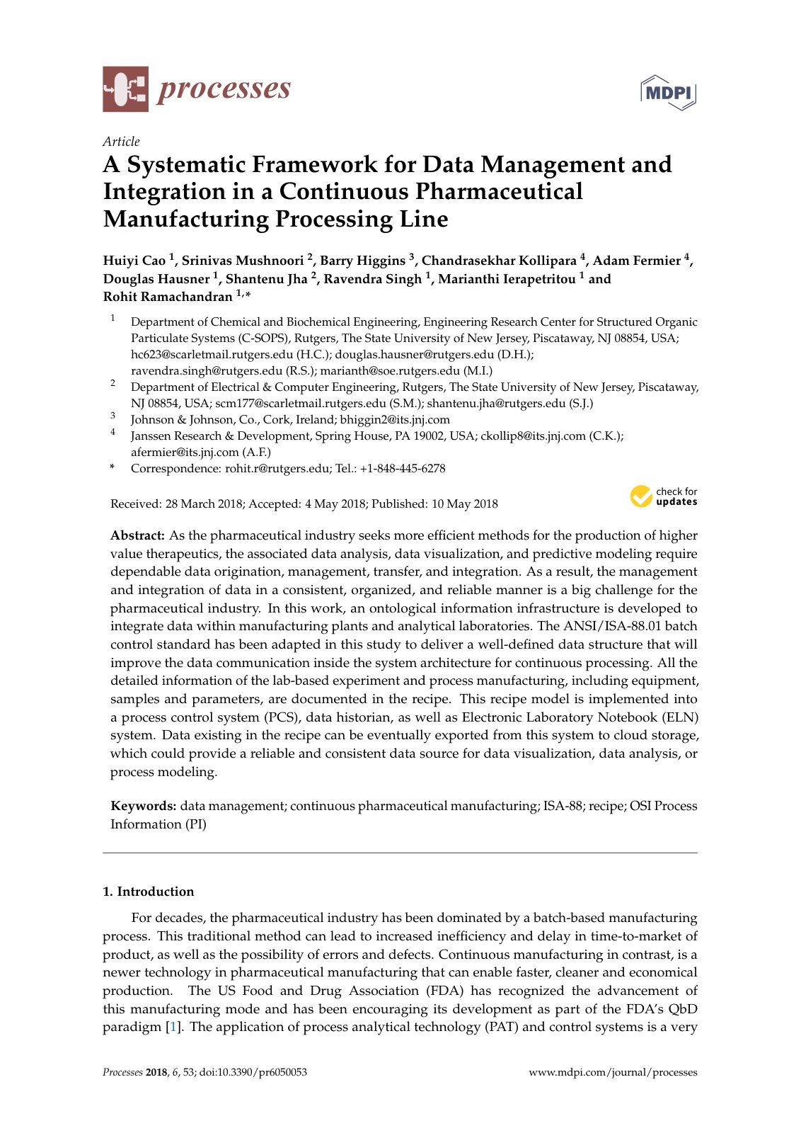 First page of A Systematic Framework for Data Management and Integration in a Continuous Pharmaceutical Manufacturing Processing Line