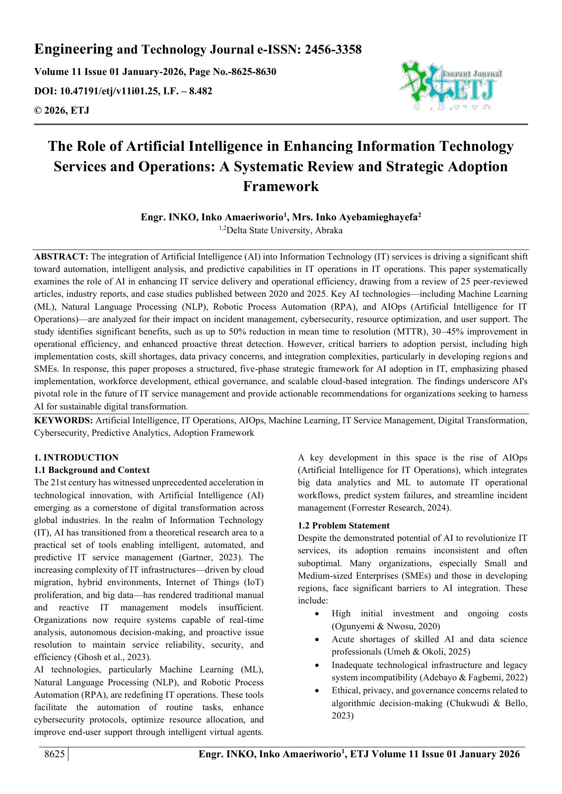 First page of The Role of Artificial Intelligence in Enhancing Information Technology  Services and Operations: A Systematic Review and Strategic Adoption  Framework  Engr. INKO, 