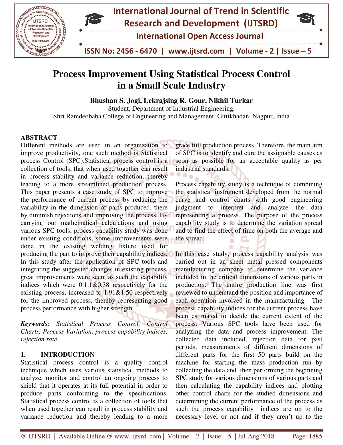 First page of Process Improvement Using Statistical Process Control in a Small Scale Industry