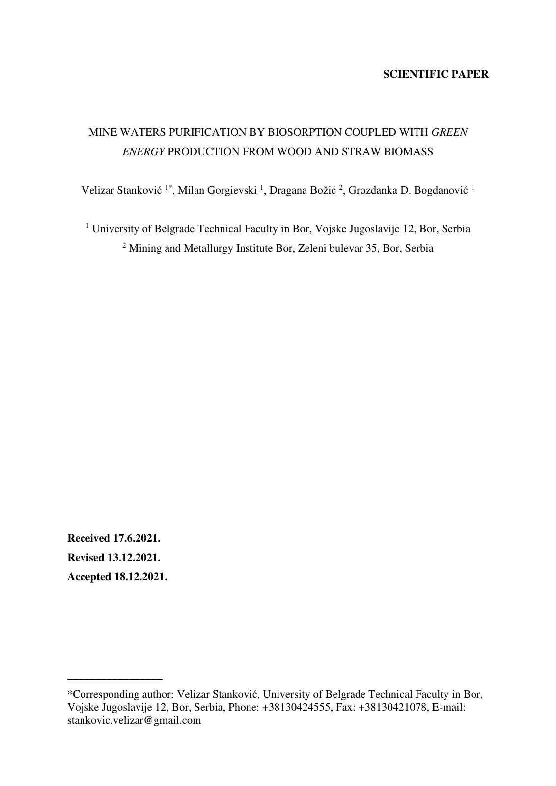 First page of Mine waters purification by biosorption