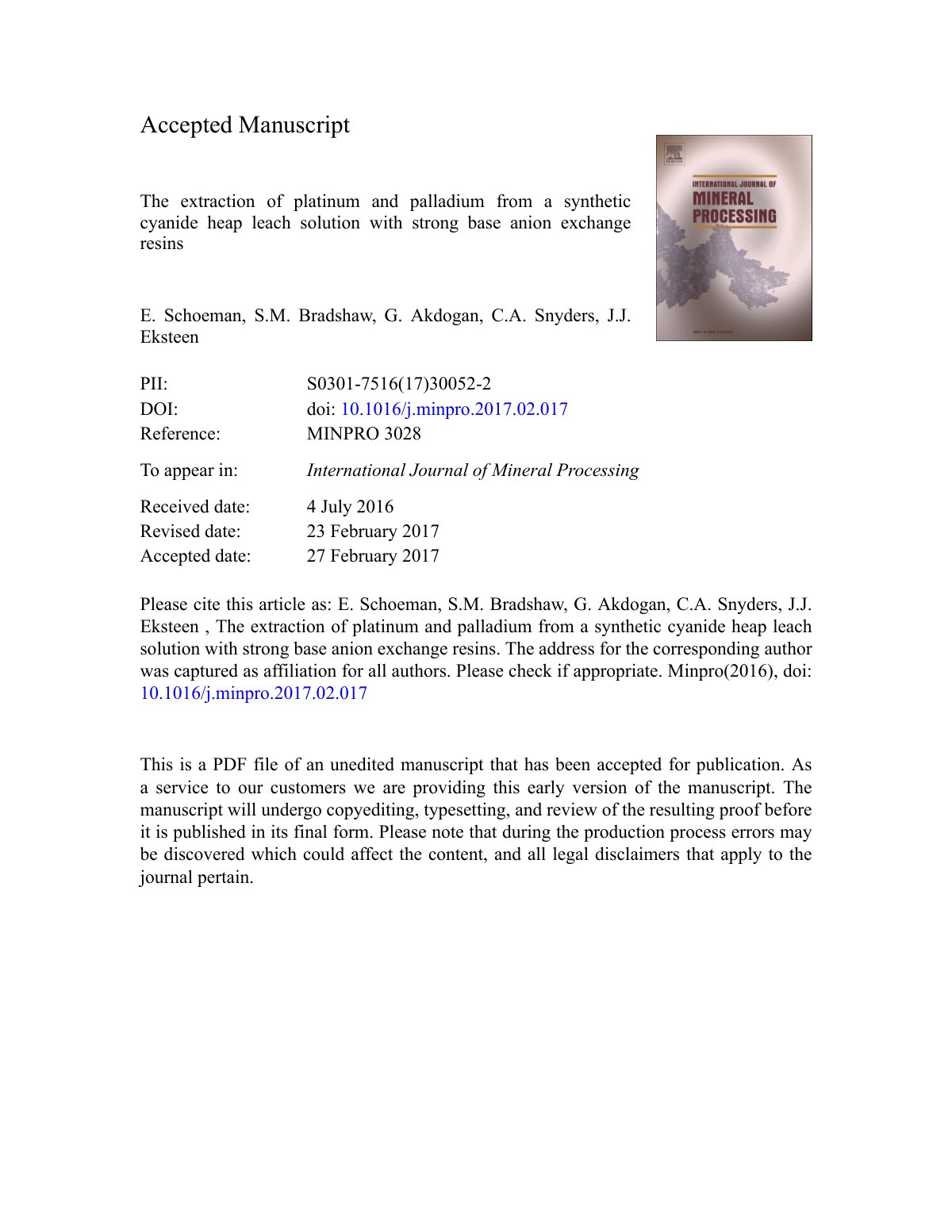 First page of The extraction of platinum and palladium from a synthetic cyanide heap leach solution with strong base anion exchange resins