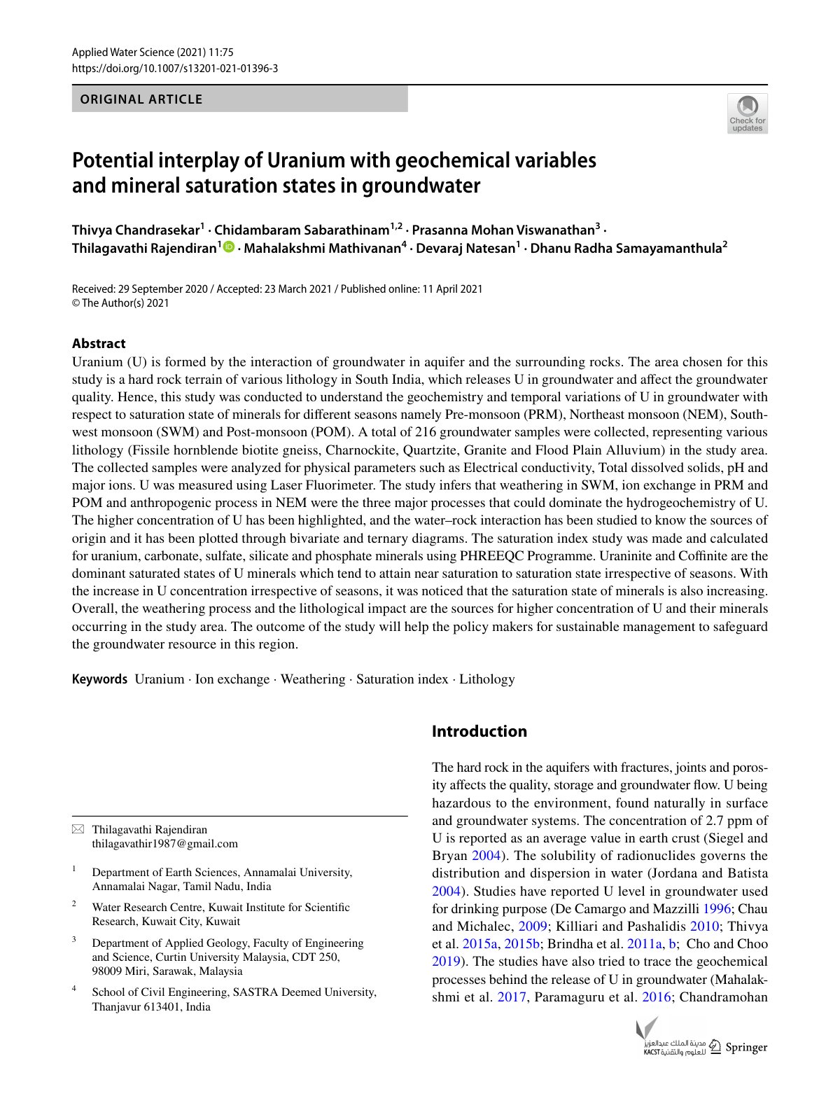 First page of Potential interplay of Uranium with geochemical variables and mineral saturation states in groundwater