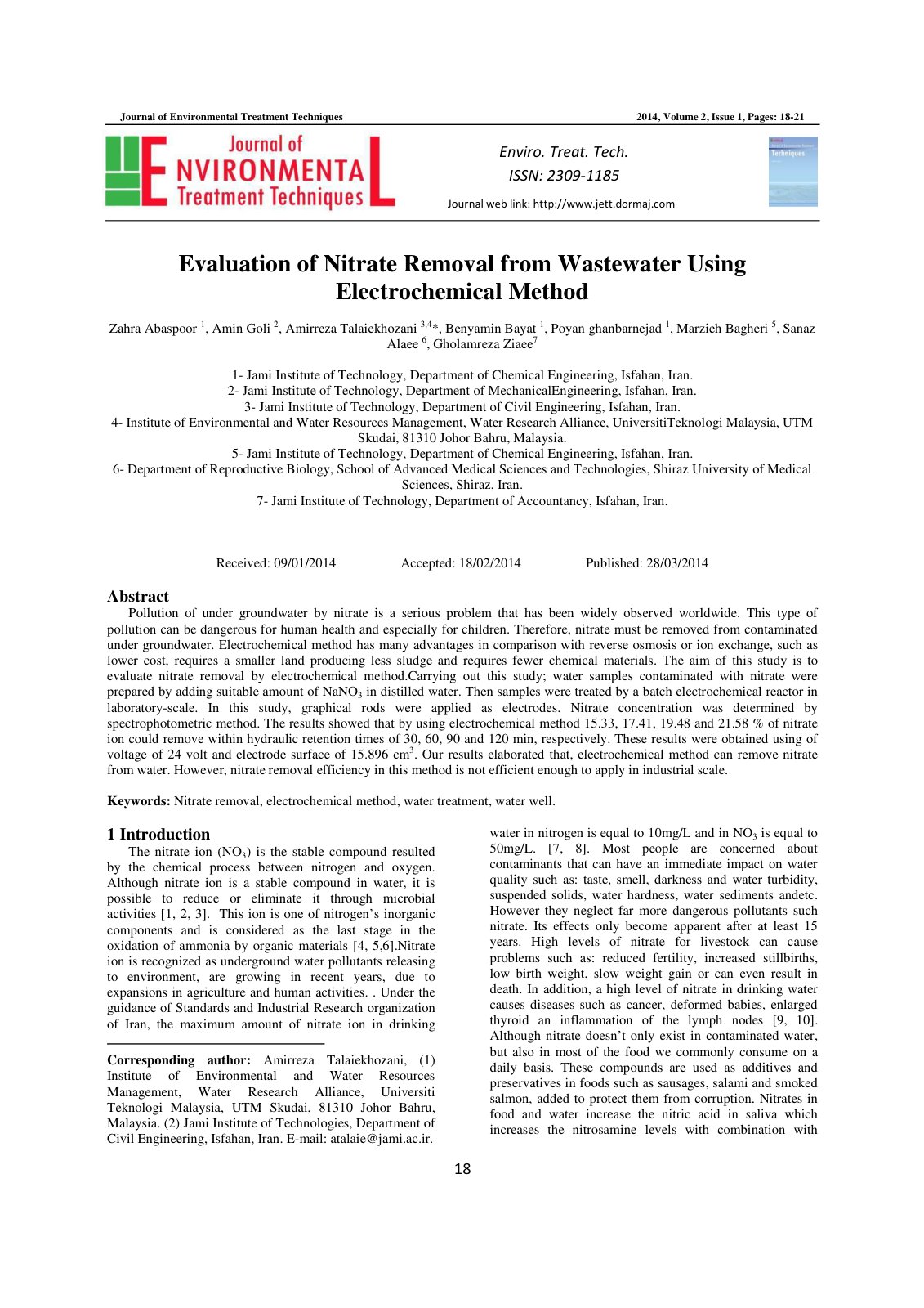 First page of Evaluation of Nitrate Removal from Wastewater Using Electrochemical Method