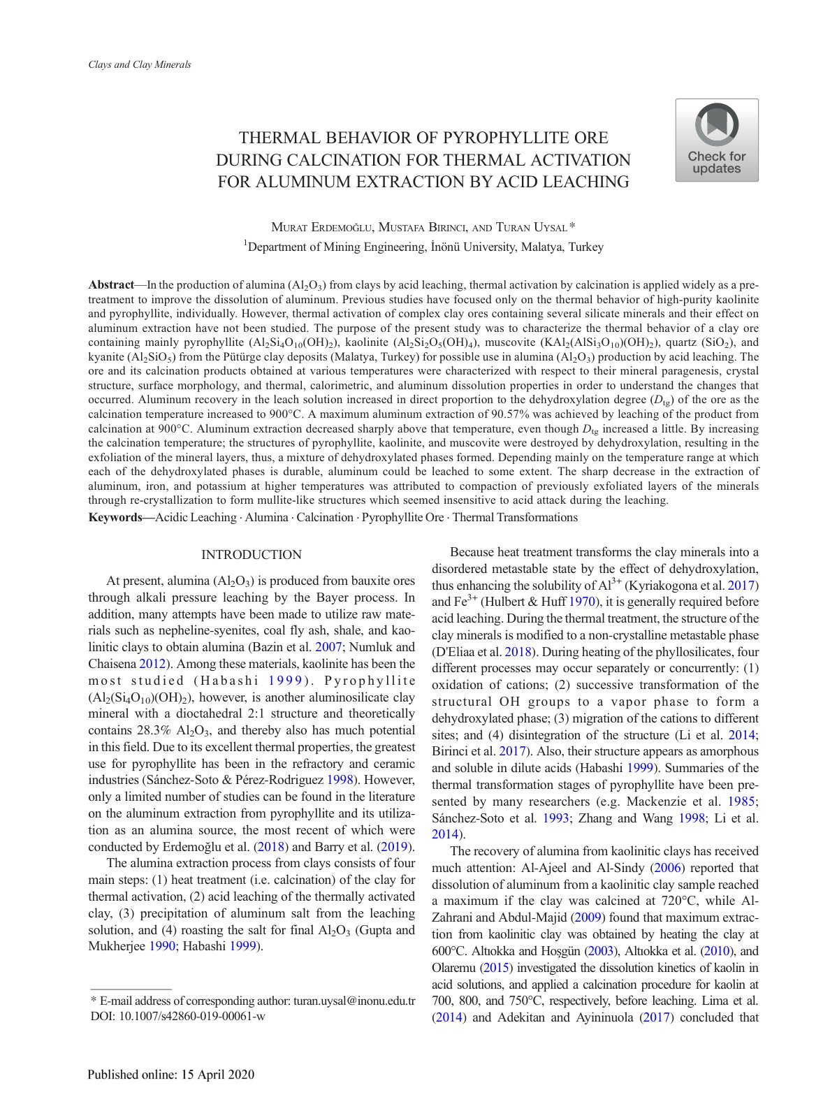 First page of THERMAL BEHA VIOR OF PYROPHYLLITE ORE DURING CALCINATION FOR THERMAL ACTIV ATION FOR ALUMINUM EXTRACTION BY ACID LEACHING