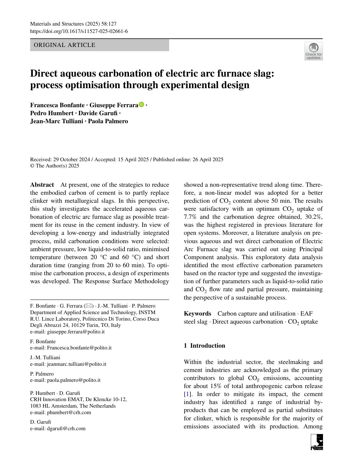 First page of Direct aqueous carbonation of electric arc furnace slag: process optimisation through experimental design