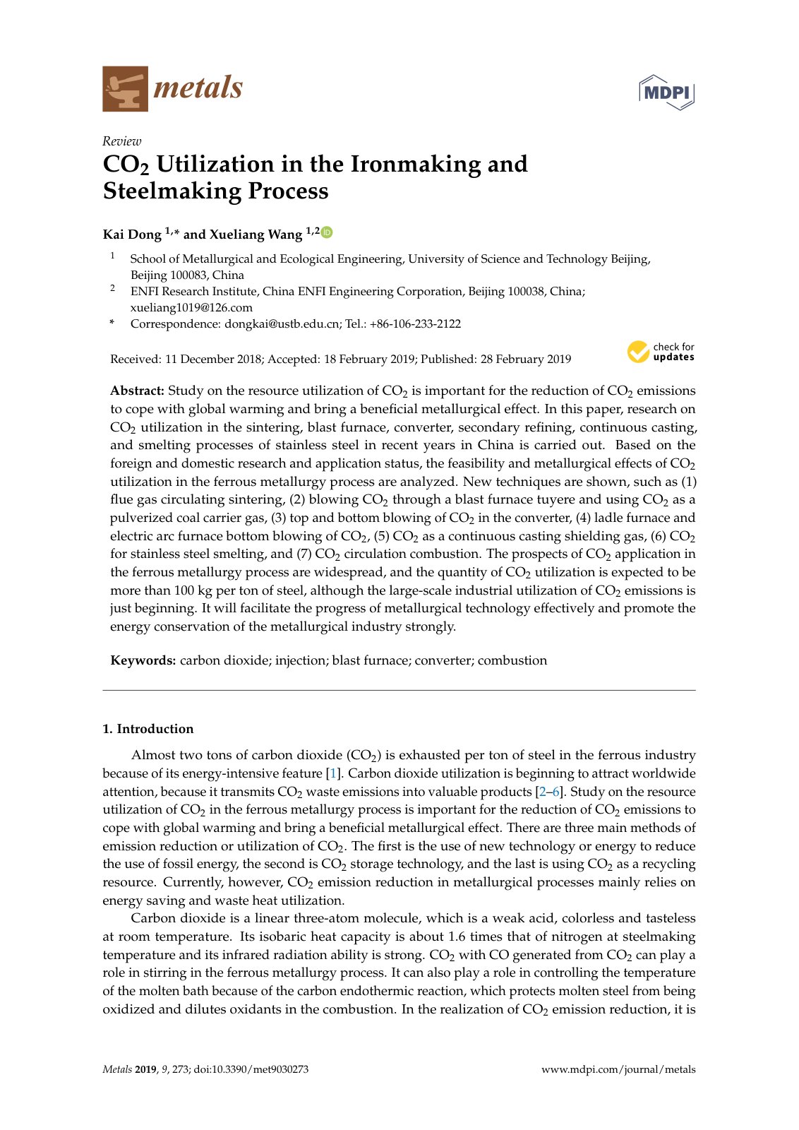 First page of 2019 Kai Dong CO2 Utilization in the Ironmaking and Steelmaking Process met9030273