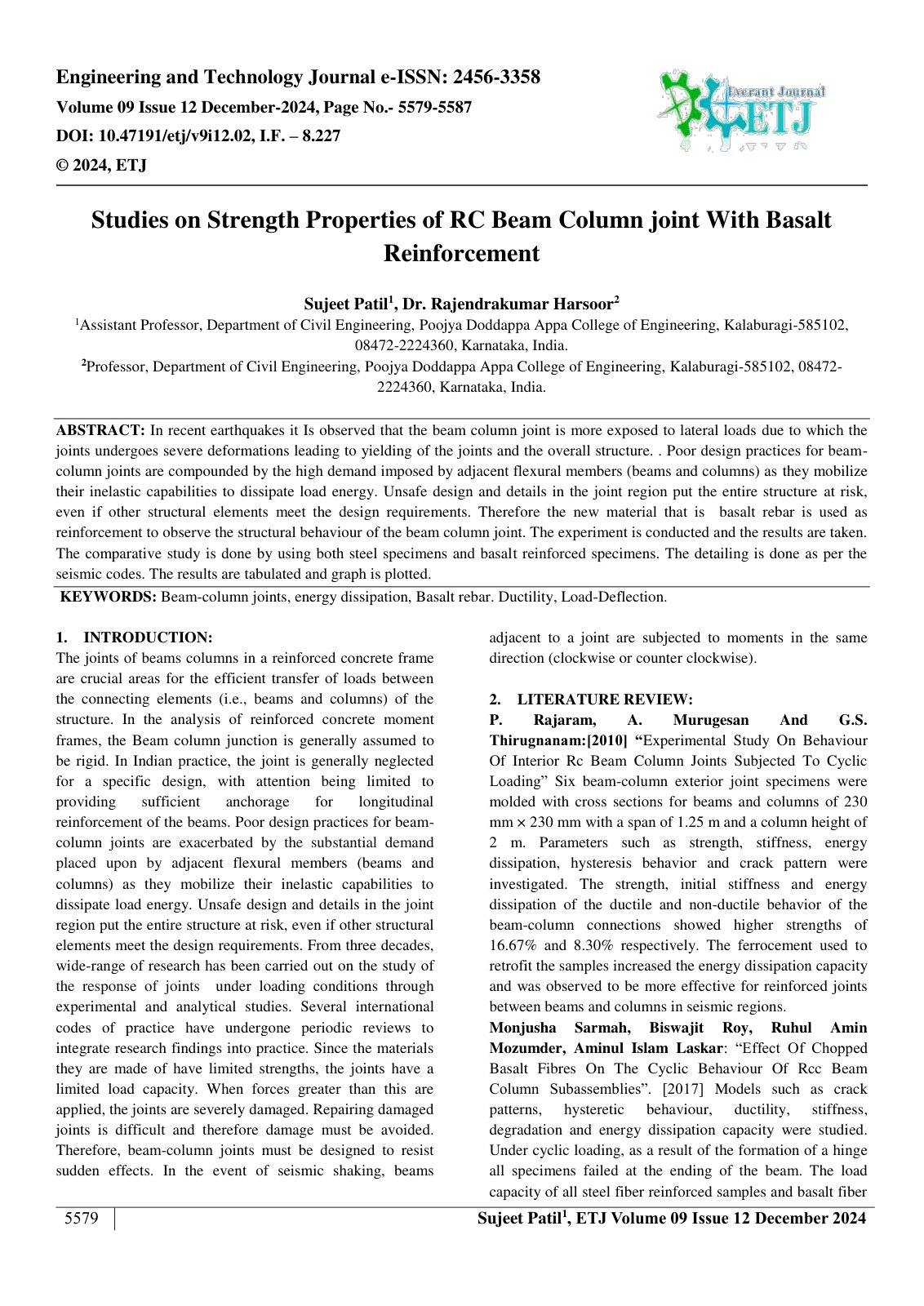 First page of Studies on Strength Properties of RC Beam Column joint With Basalt  Reinforcement 