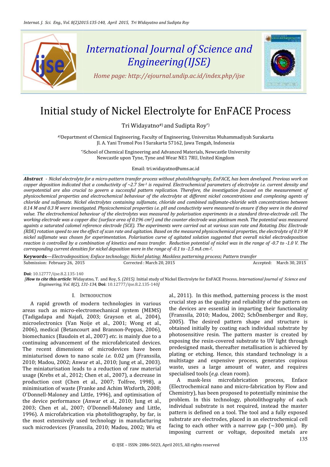 First page of Initial study of Nickel Electrolyte for EnFACE Process