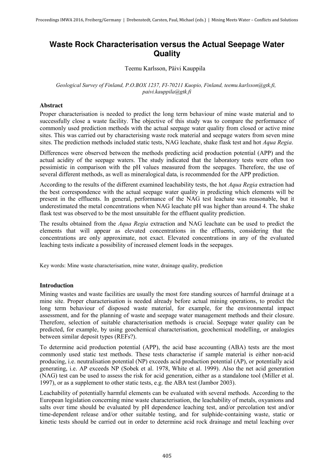 First page of Waste Rock Characterisation versus the Actual Seepage Water Quality